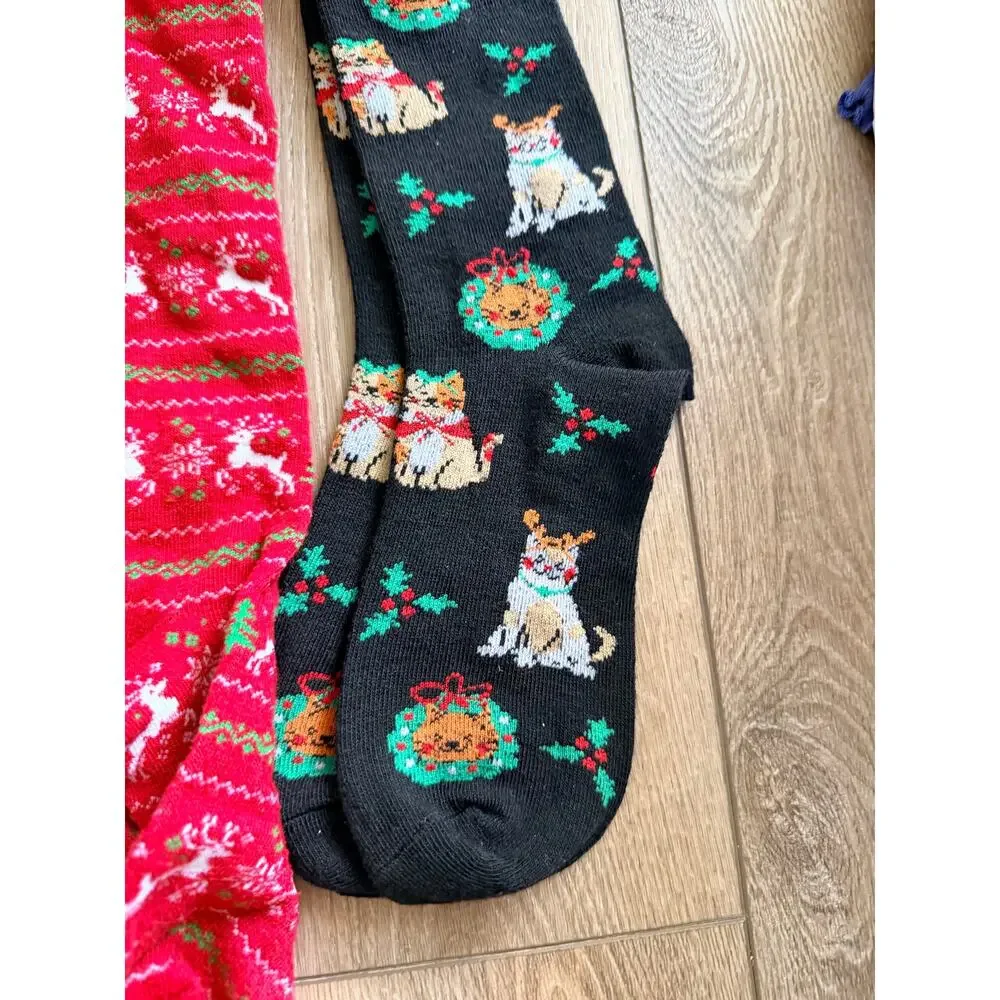 Festive Socks Lot: Red Deer Light-Up & Cat Print (3 Pairs)